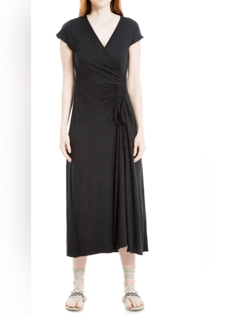 Max Studio Black Ruched Wrap Midi Dress